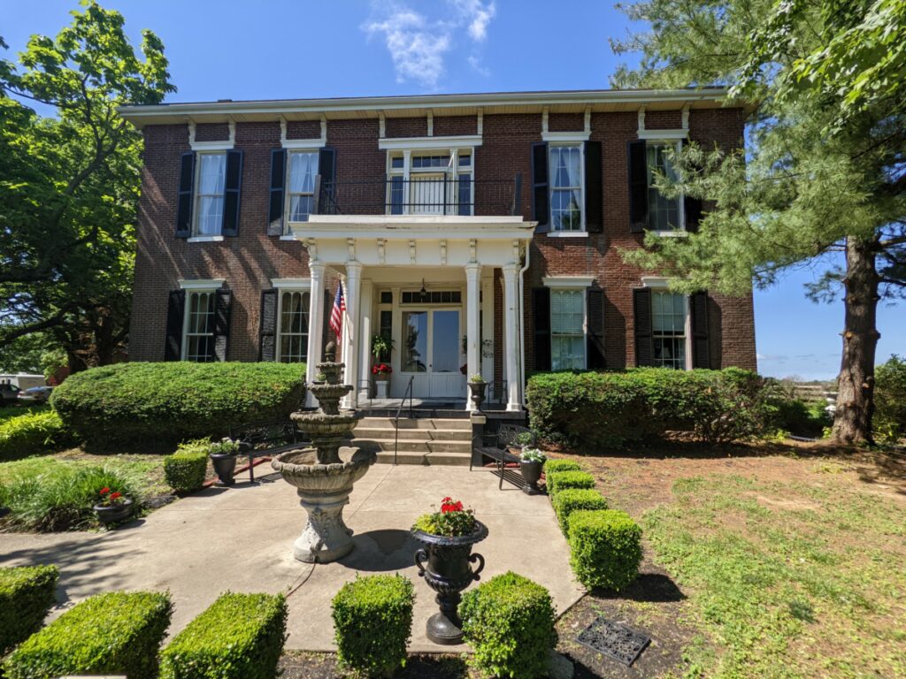 The front of the historic Maple Hill Manor, a wonderful and romantic place for eloping in Kentucky, and a great place to enjoy all the romantic things to do in Kentucky at our romantic Kentucky Bed and Breakfast