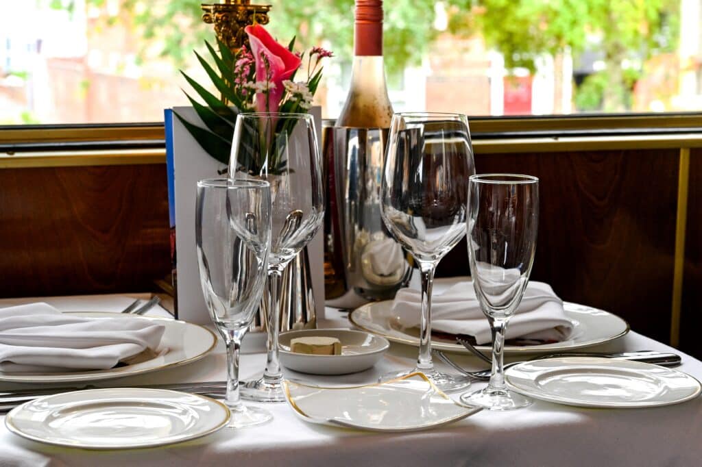 Table setting in vintage dining car, My Old Kentucky DInner Train.